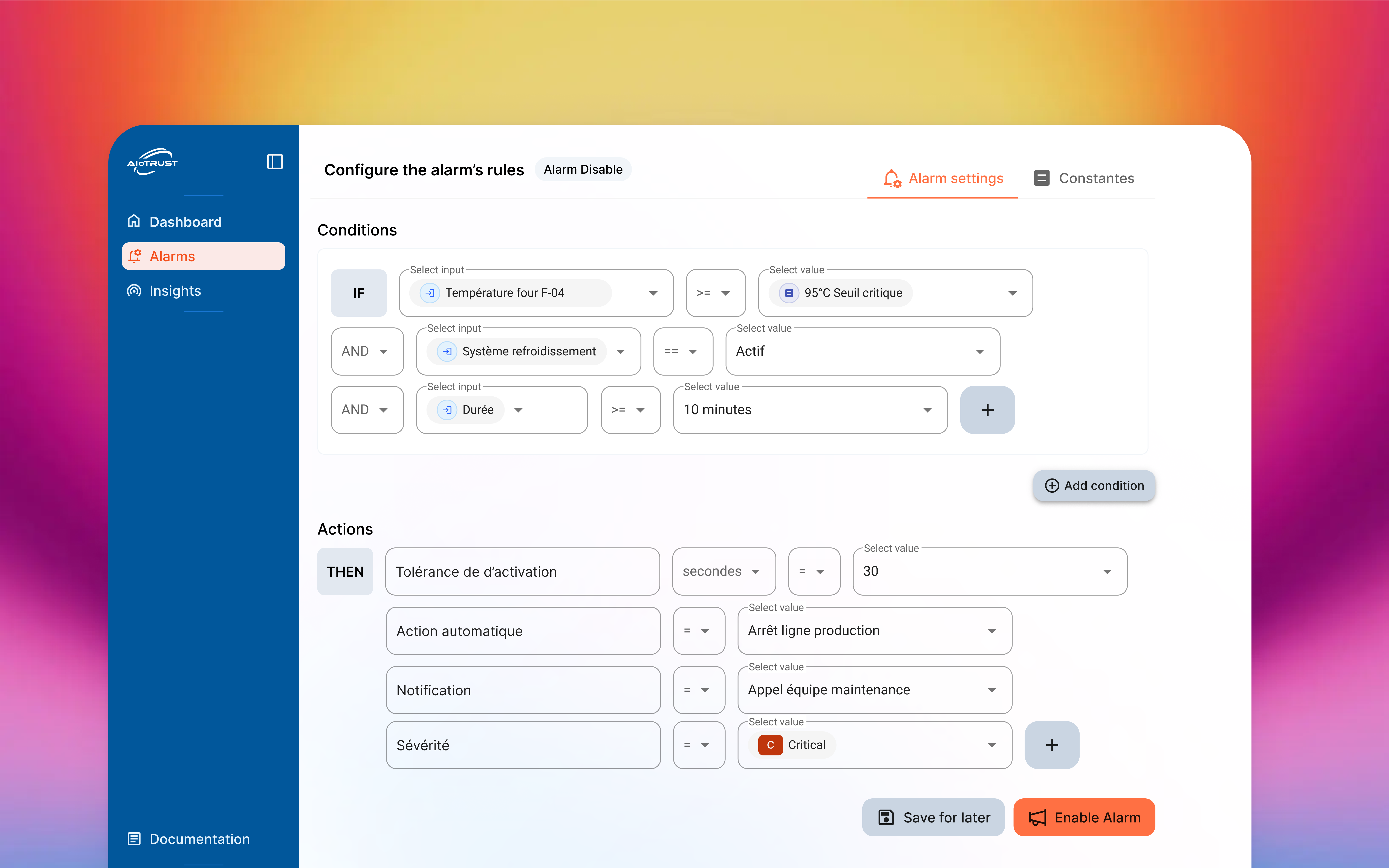 Design UX/UI du configurateur de règles d'alarme du SaaS AioTrust - IoT industriel